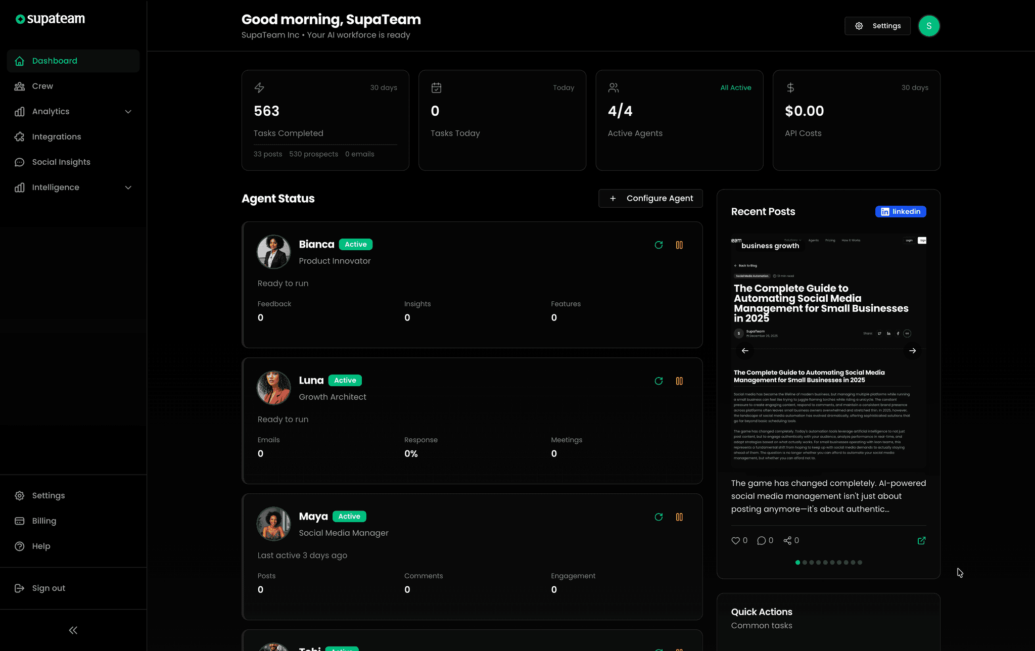 SupaTeam dashboard showing AI agent management interface with Maya, Tobi, Bianca and Luna agents